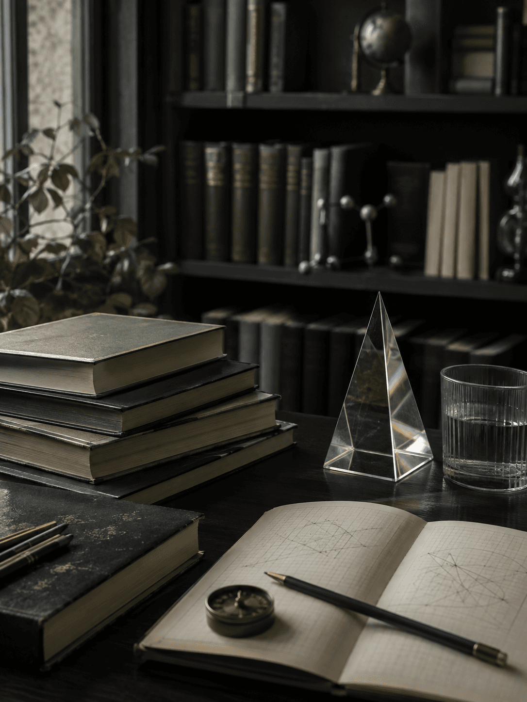 A dark library desk with books, graph paper, and a glass prism